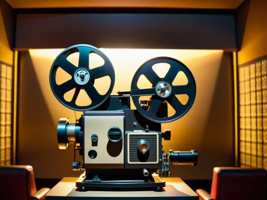 Un proyector de cine vintage iluminado por un cálido foco en una sala oscura, proyectando sombras detalladas