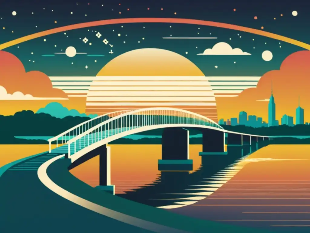 Un puente vintage con códigos y atardecer, simbolizando el pasado y futuro de la programación