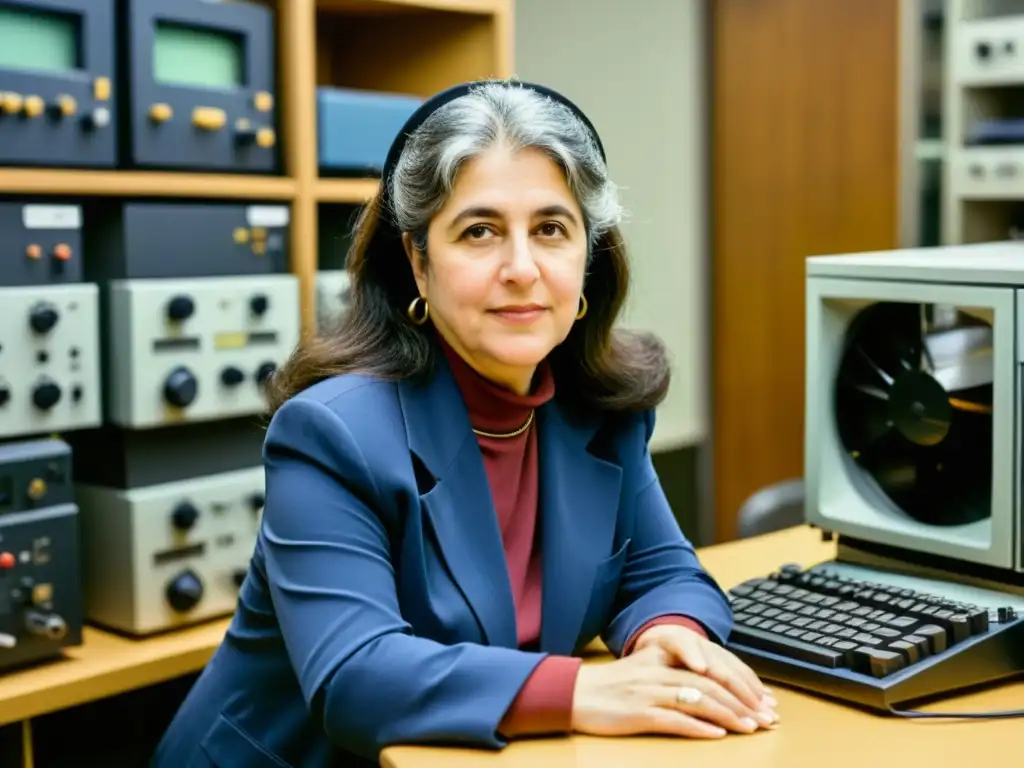 Radia Perlman trabajando en un laboratorio de computación vintage, contribuyendo a la historia y evolución de las máquinas digitales en los años 80