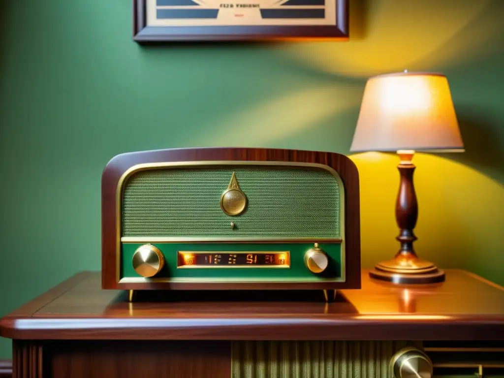 Un radio vintage ilumina la habitación con una cálida luz verde, emitiendo un sonido nostálgico