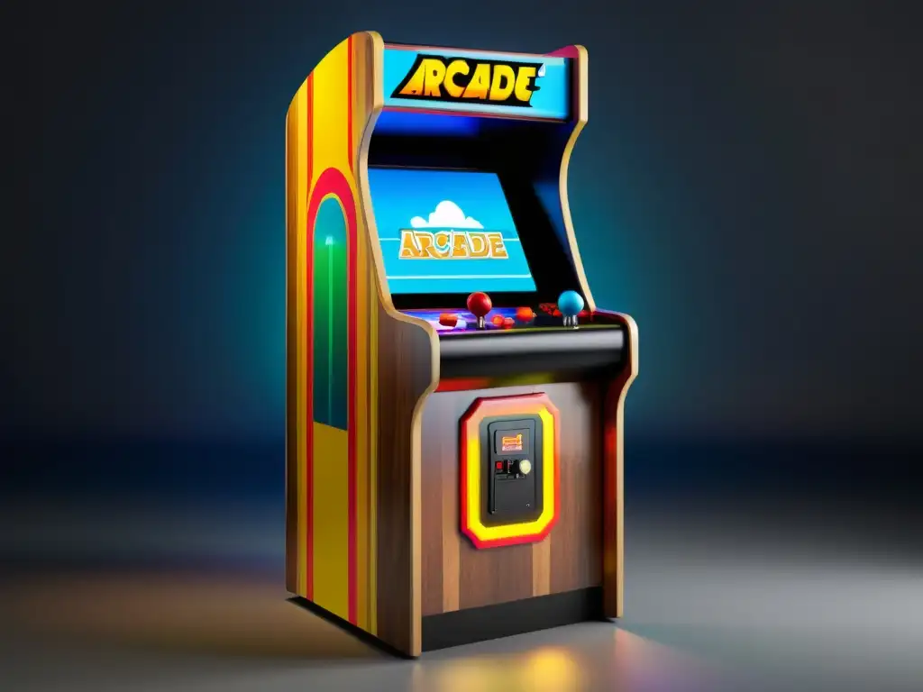 Aplicación de realidad aumentada en videojuegos: Un gabinete de arcade vintage con escenas digitales vibrantes y gamers entusiasmados