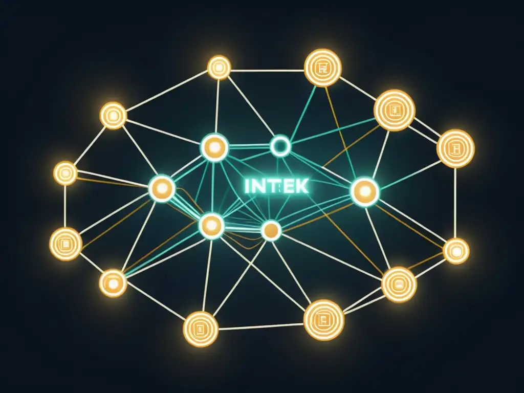 Red interconectada de activos digitales: tokenización en acción Una ilustración vintage de una red de activos digitales interconectados, representados como nodos brillantes y líneas en un fondo oscuro