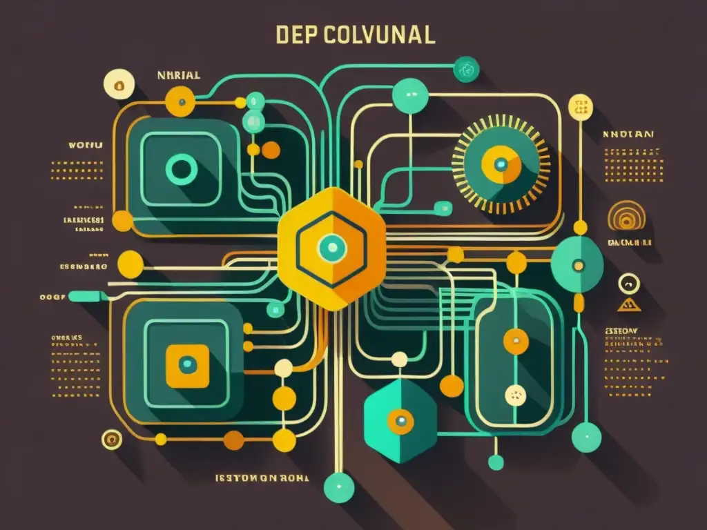 Una ilustración vintage de una red neuronal convolucional profunda, con intrincados circuitos dibujados a mano, evocando una sensación de importancia histórica y avance tecnológico