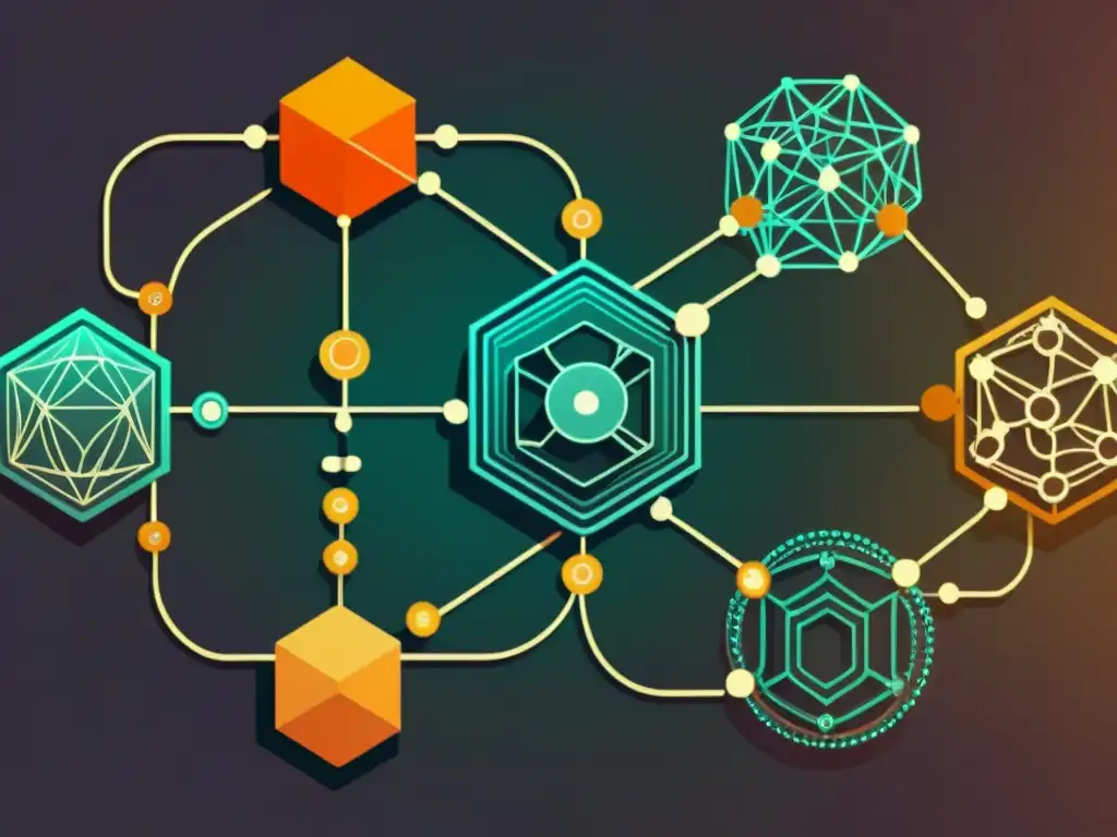 Una ilustración vintage de redes blockchain interconectadas, con detalles intrincados y colores cálidos