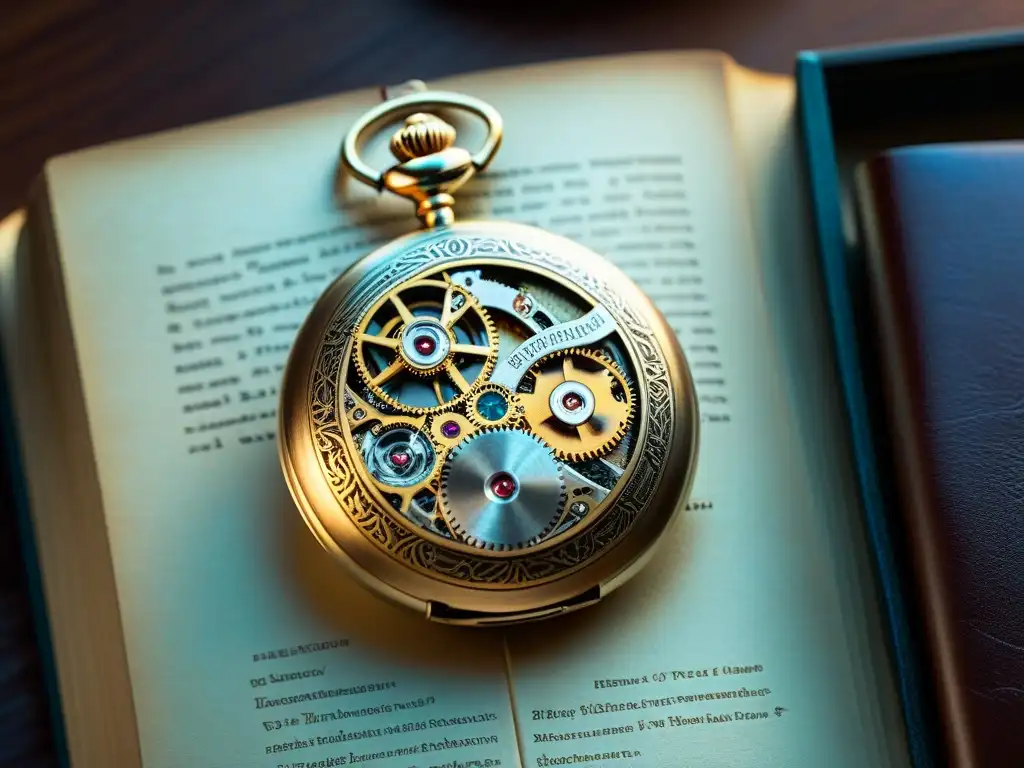 Reloj de bolsillo antiguo con grabados intrincados y correa de cuero envejecida sobre un libro vintage con 'Blockchain Technology' en relieve