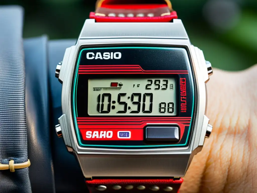 Un reloj digital vintage Casio de los 80 con diseño plateado y detalles rojos