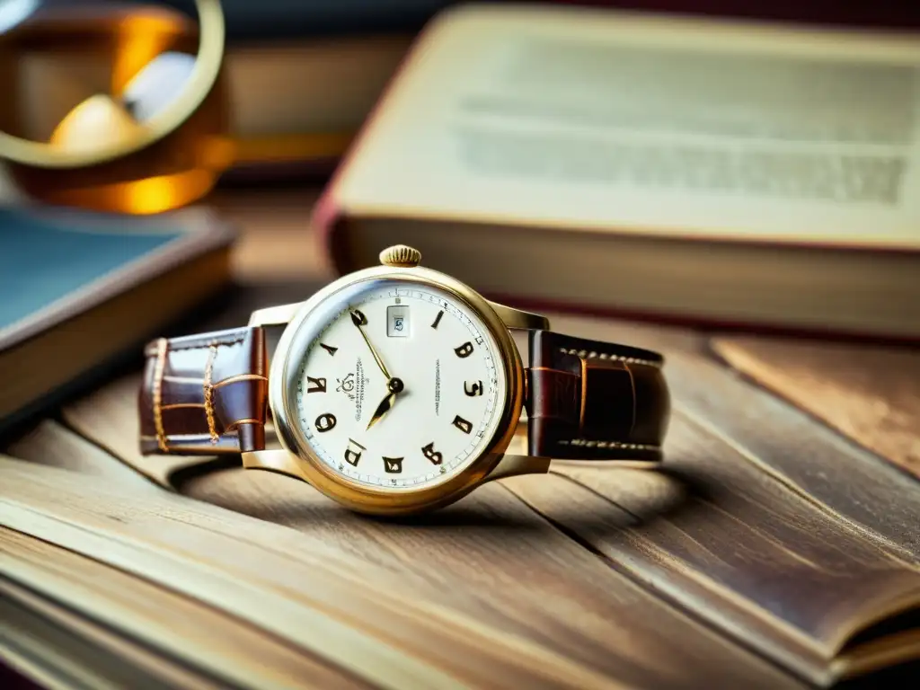 Un reloj vintage elegante descansa sobre una superficie de madera, rodeado de libros antiguos y anteojos, evocando sofisticación atemporal y sabiduría