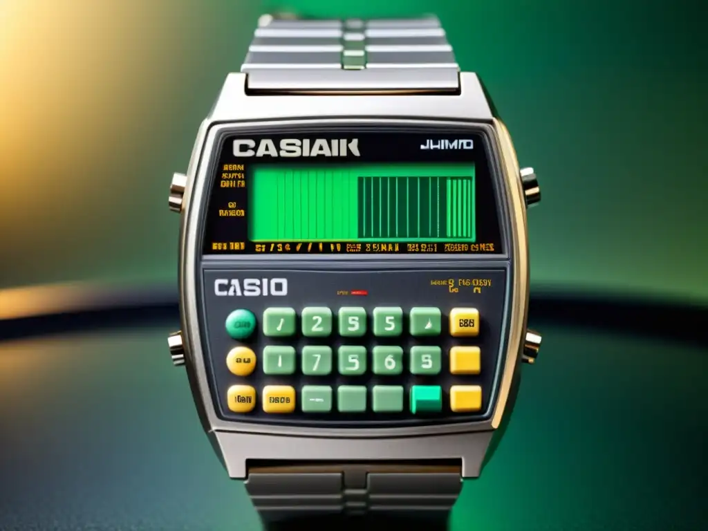 Un reloj Casio Databank vintage de los 80, con pantalla digital y luz verde retro, rodeado de tecnología antigua y futurista