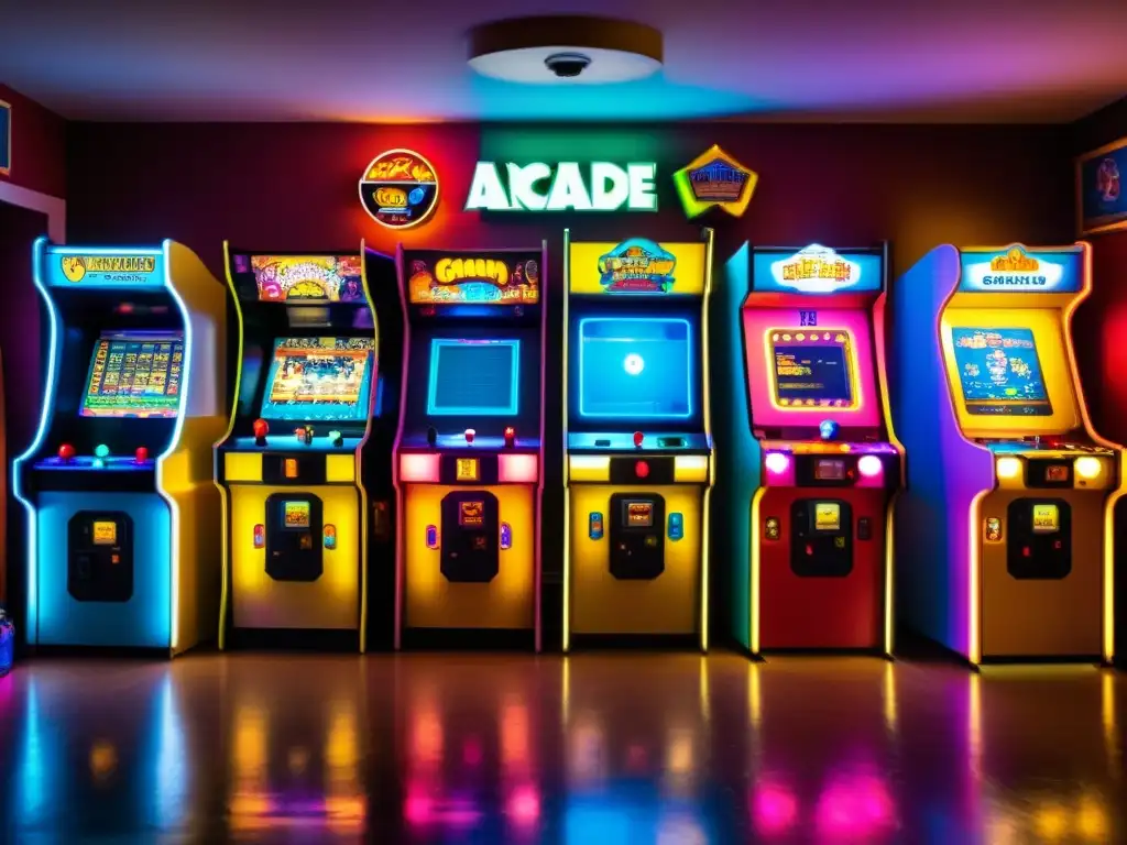 Un renacimiento de consolas de juegos clásicos en una sala de arcade vintage con máquinas, luces de neón y un ambiente nostálgico lleno de energía