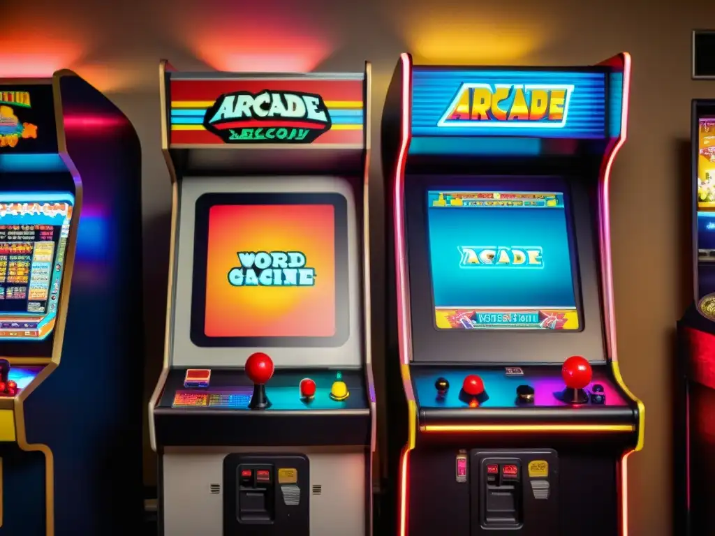 Renacimiento consolas juegos clásicos: Imagen de una máquina arcade vintage en una sala llena de luces de neón y posters, con gente disfrutando de juegos retro