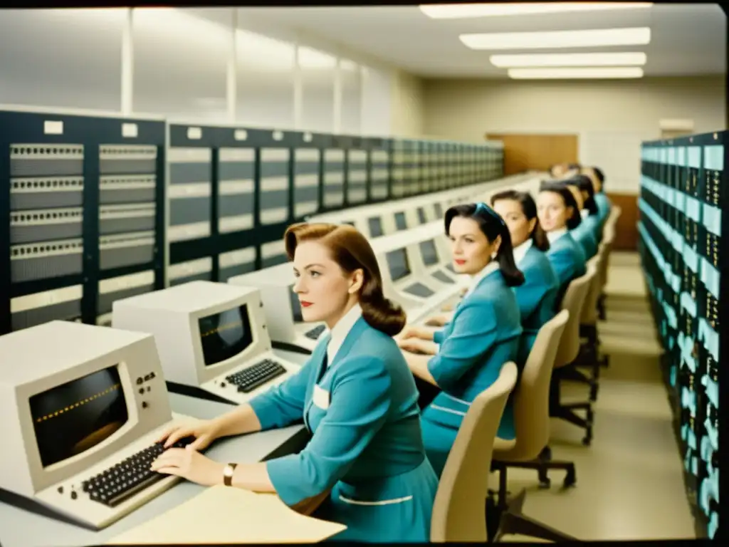 Un retrato vintage de mujeres pioneras trabajando en un laboratorio informático en el siglo XX