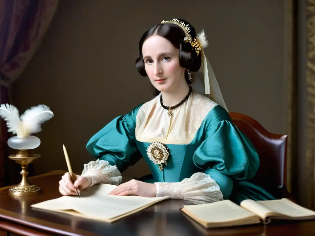 Retrato vintage de Ada Lovelace, pionera de la informática, inmersa en pensamientos Retrato vintage de Ada Lovelace, pionera de la computación, con expresión intensa, rodeada de papeles y pluma, evocando la era de la computación