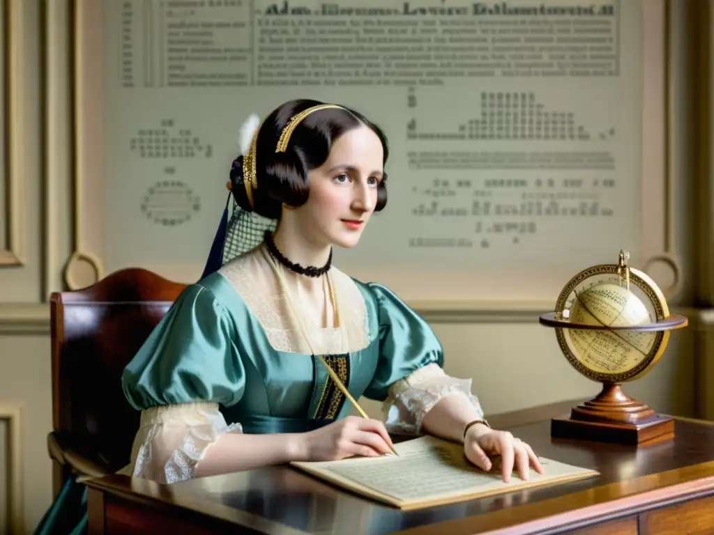 Retrato vintage de Ada Lovelace, pionera de la programación, con expresión determinada y cálculos matemáticos