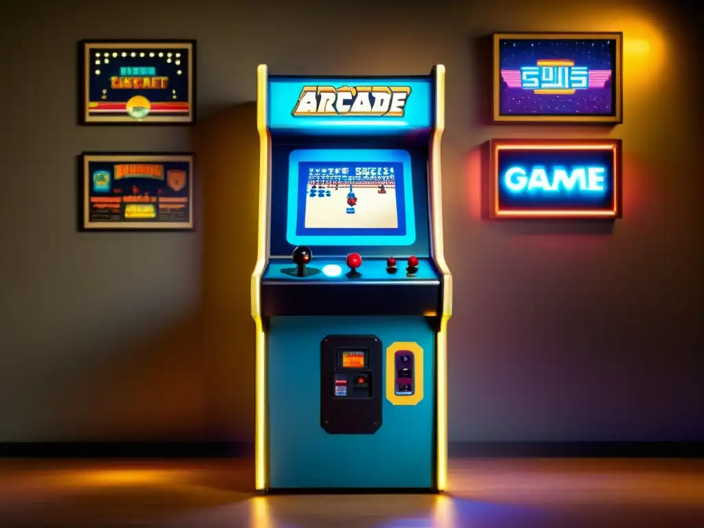 Una ambientación retro de arcade con gabinetes vintage, joysticks, botones y letreros de neón, preservación digital historia videojuegos