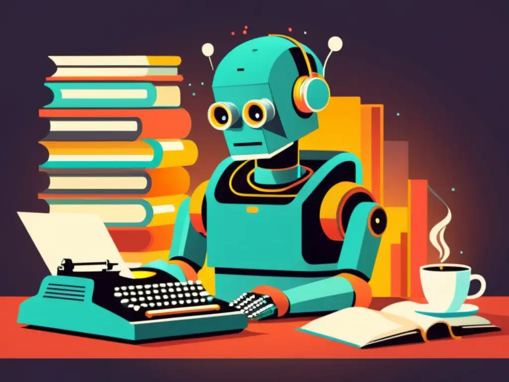 Un robot futurista en un ambiente vintage, rodeado de libros y pantallas con algoritmos y visualizaciones de datos