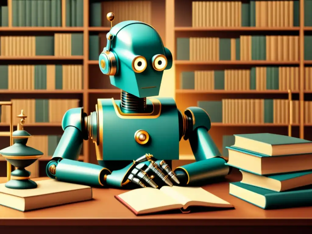 Un robot reflexivo en un entorno vintage, rodeado de libros y tecnología