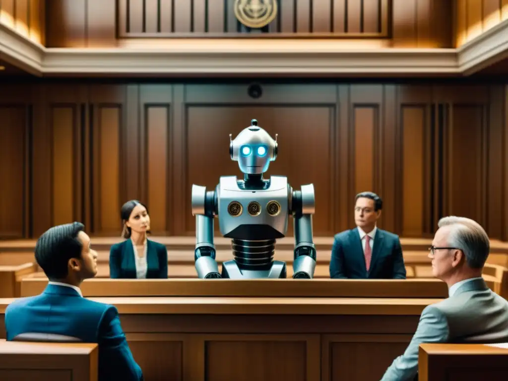 Un robot en un tribunal vintage junto a jueces humanos y robots, hablando sobre derechos y responsabilidades de la IA