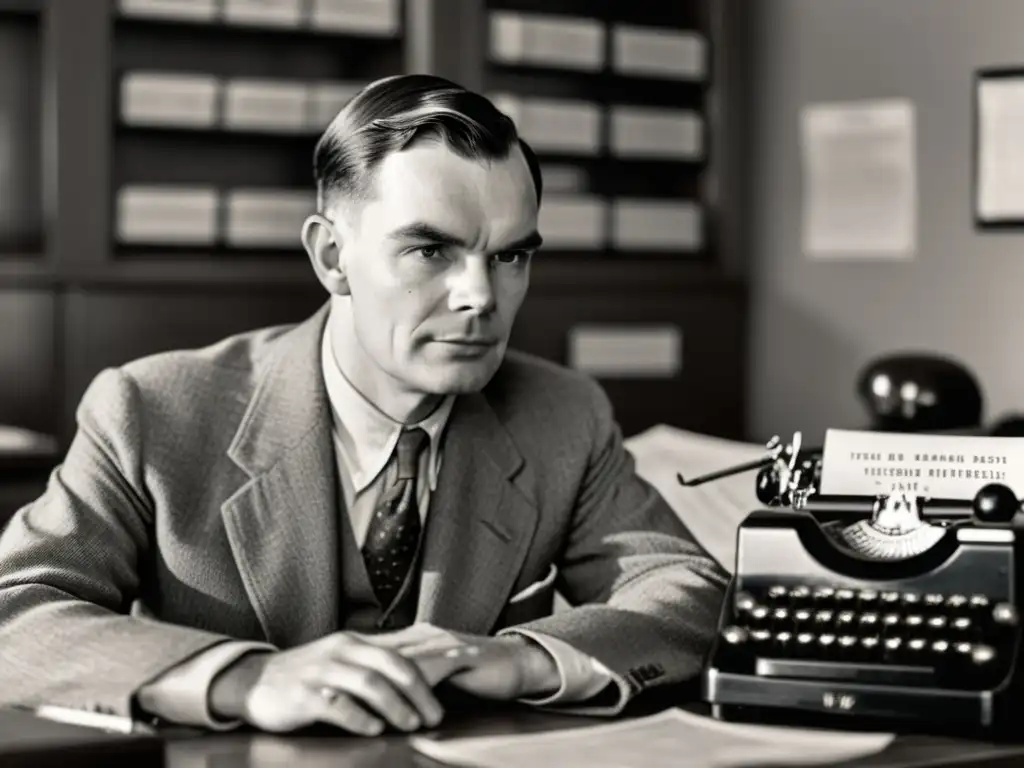 Alan Turing, rodeado de papeles y una computadora vintage, rompiendo el código Enigma