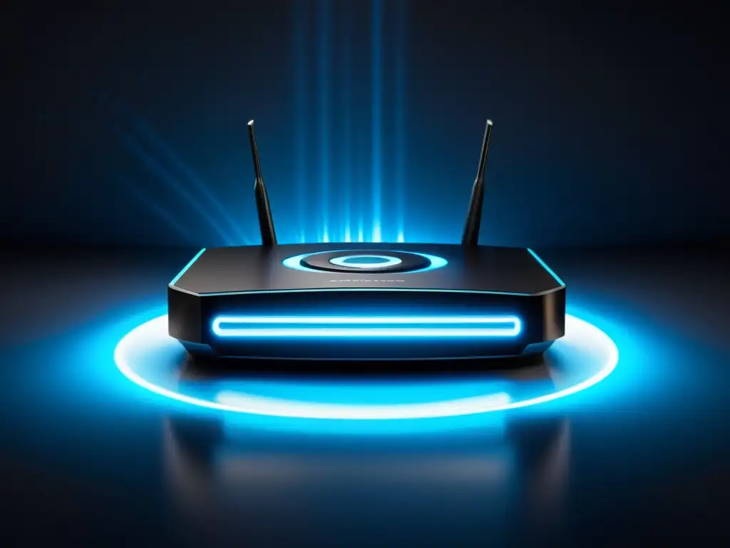 Un router negro brillante con luces azules, rodeado de partículas digitales en un ambiente futurista