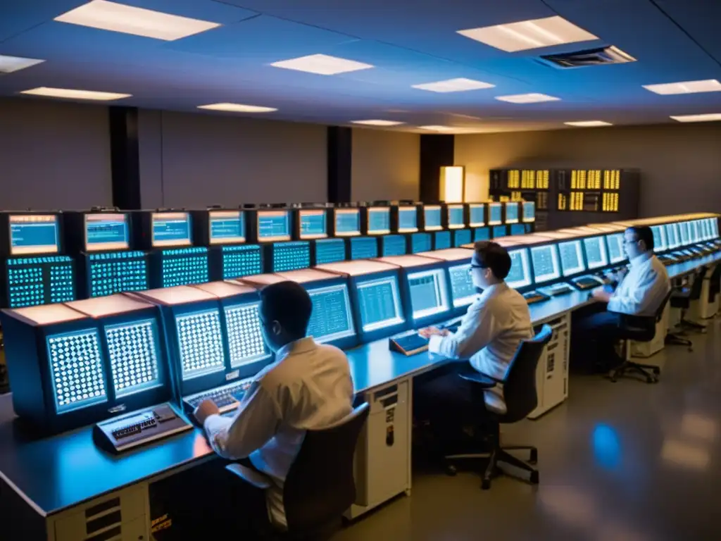 Una sala de computación vintage con ingenieros trabajando en máquinas de tarjetas perforadas y computadoras principales