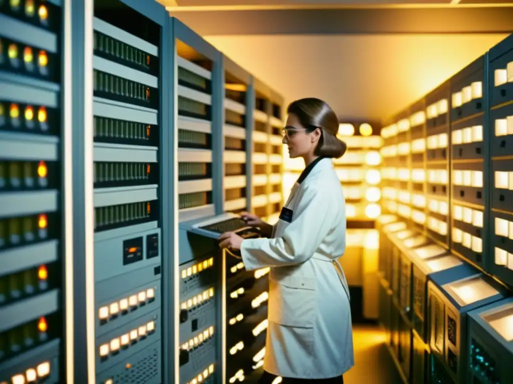 Una sala de computadoras antiguas con luces parpadeantes y monitores de tubo de rayos catódicos