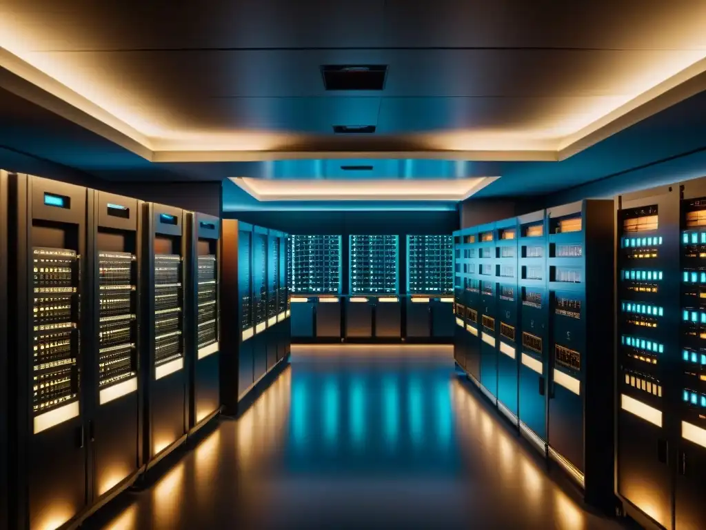 Antigua sala de computadoras: evolución tecnológica en 8k Una sala de computadoras vintage con mainframes y operadores, evocando la historia y evolución de la computación en una atmósfera cálida y nostálgica
