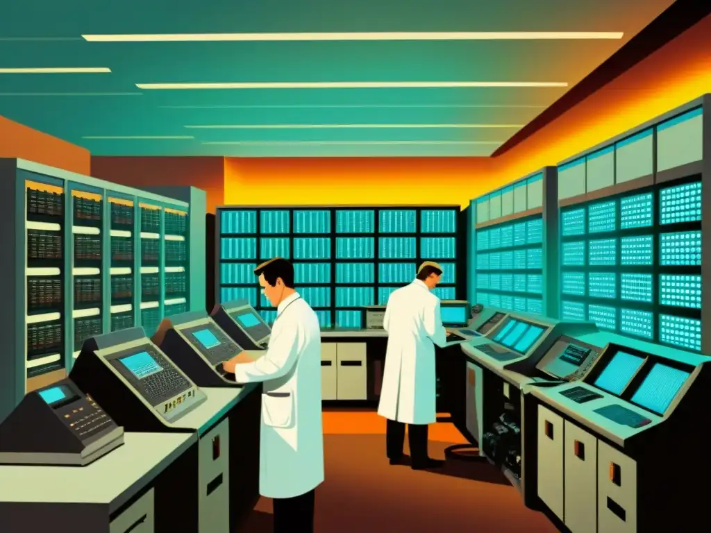 Sala de computadoras vintage: La era dorada de la revolución informática En una sala de computadoras vintage, técnicos trabajan entre máquinas antiguas y carretes de cinta magnética, envueltos en una cálida y nostálgica luz
