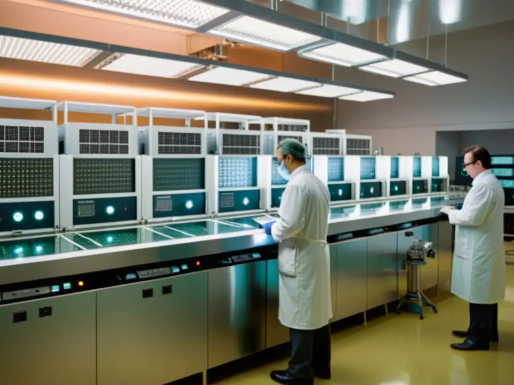 Una fotografía vintage de una sala limpia de fabricación de semiconductores, bañada en una suave y etérea luz