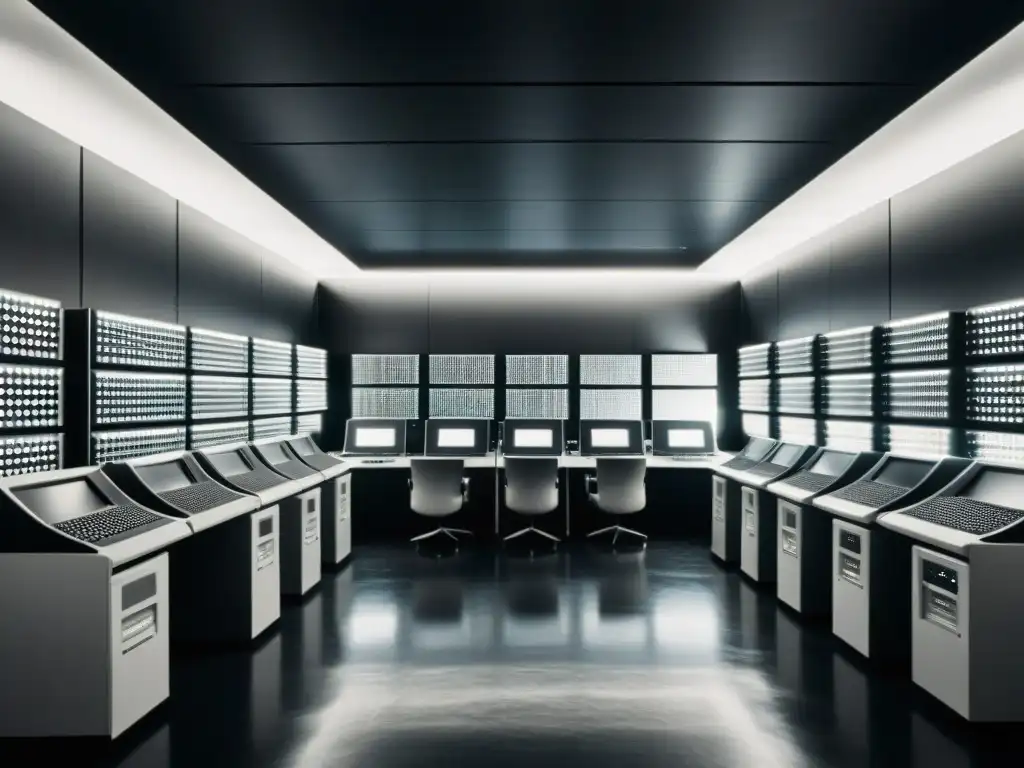 Una sala llena de antiguas computadoras mainframe en blanco y negro, evocando la evolución de los sistemas operativos en la historia de la informática