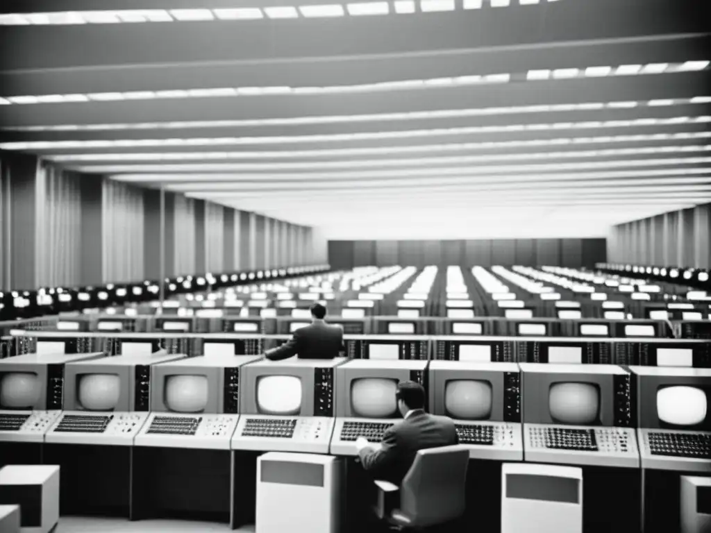 Una sala llena de mainframes de los 60, técnicos trabajando entre cables y luces parpadeantes