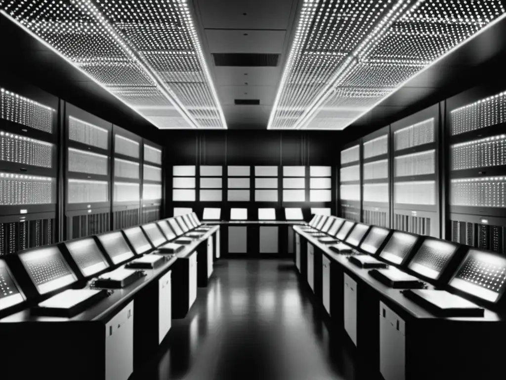 Una sala llena de supercomputadoras antiguas en operaciones encubiertas, iluminada por luces parpadeantes en blanco y negro