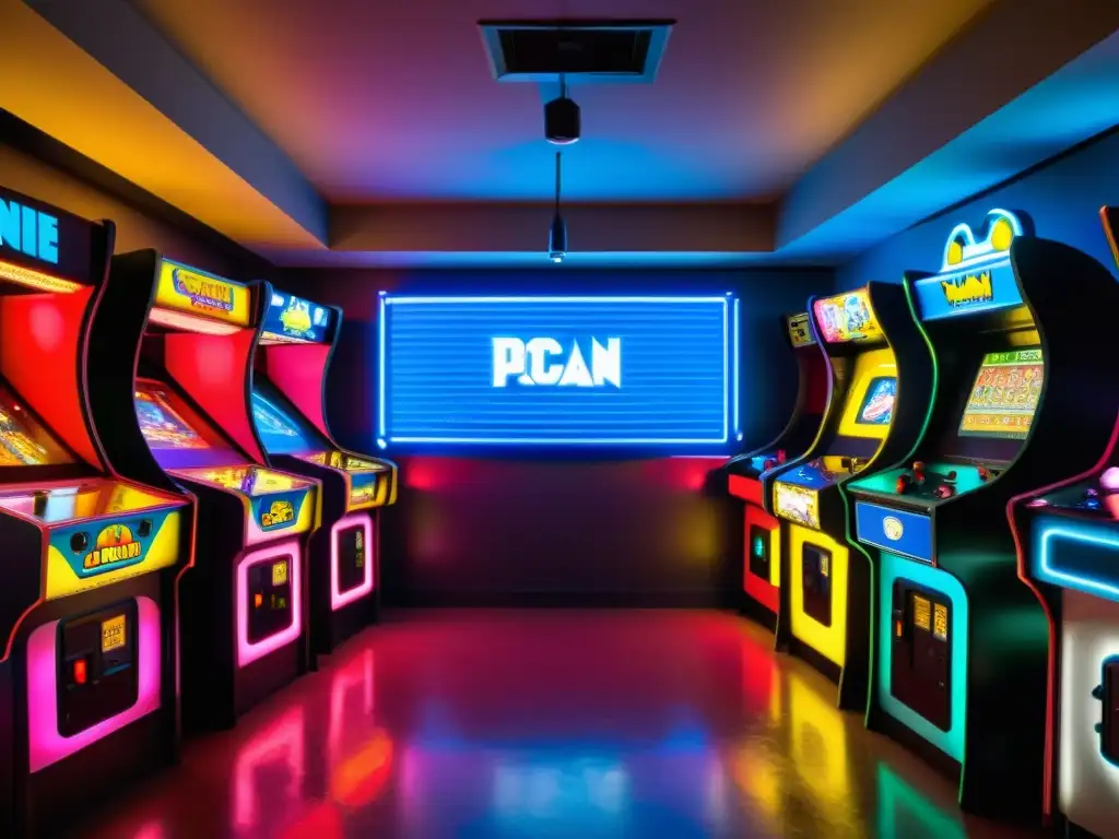 Una sala de juegos vintage con luces de neón, máquinas clásicas como PacMan y Donkey Kong, jugadores disfrutando