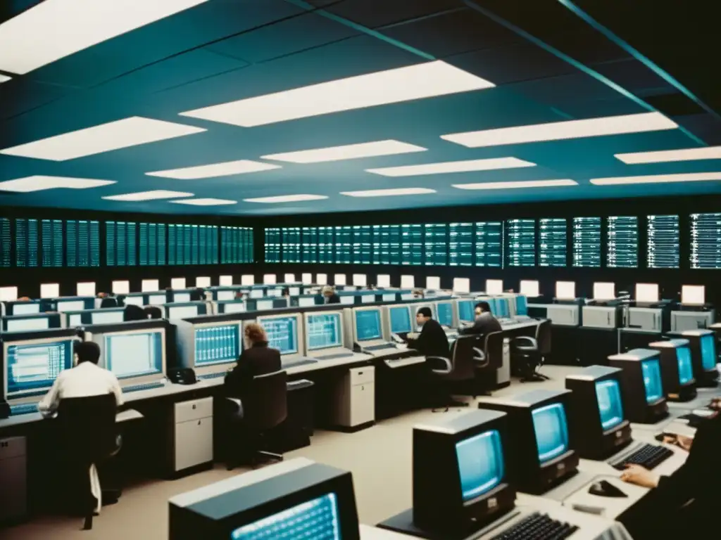 En una sala de ordenadores mainframe vintage, los técnicos trabajan con determinación bajo la suave luz de las pantallas