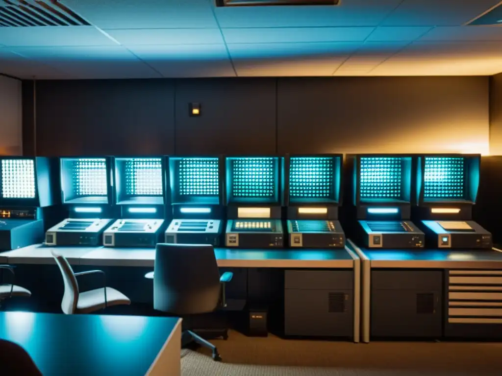 Salón de computadoras retro: nostalgia en 8k Una sala de ordenadores vintage con equipos antiguos y una aura nostálgica, evocando la evolución de las interfaces de computación