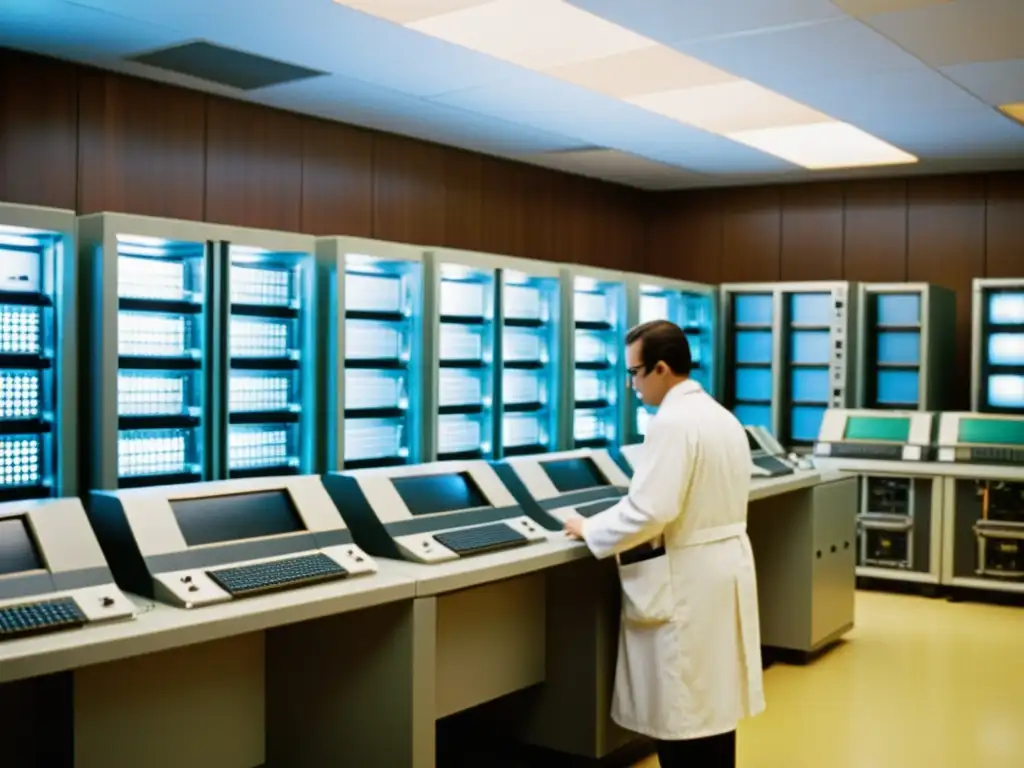Sala de computadoras vintage: ingenieros ajustando máquinas En una sala repleta de computadoras antiguas y grandes unidades de cinta, ingenieros en batas blancas trabajan en ajustes y controles, rodeados por luces intermitentes y el zumbido de la maquinaria