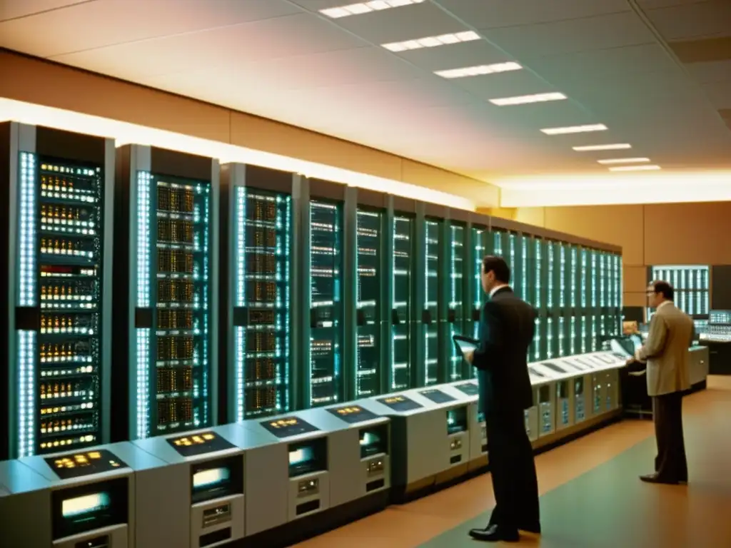 Una fotografía vintage de una sala de supercomputadoras con técnicos e ingenieros trabajando en las máquinas