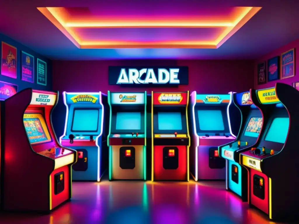 Una sala vintage de arcade con máquinas clásicas, luces de neón, gamers nostálgicos y ambiente acogedor