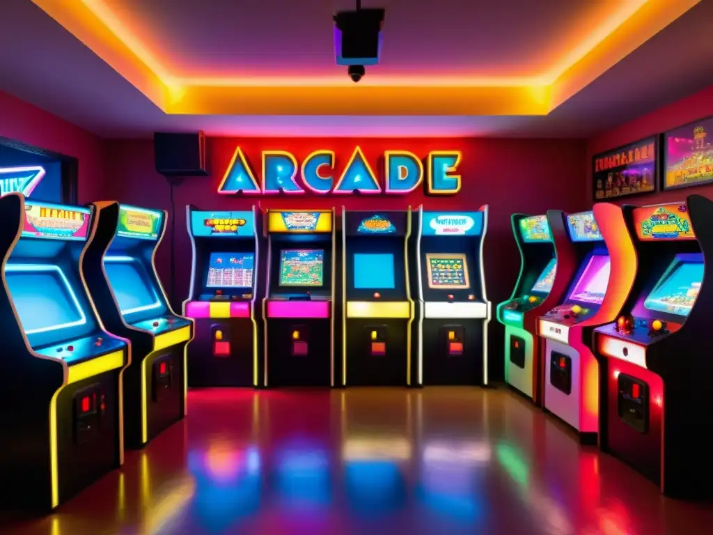 Un salón de arcade vintage con pantallas brillantes y botones coloridos, jugadores reunidos, rostros iluminados por las máquinas