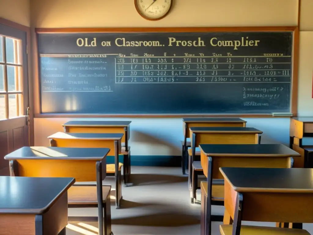 Un salón de clase antiguo con escritorios de madera y sillas dispuestas en filas