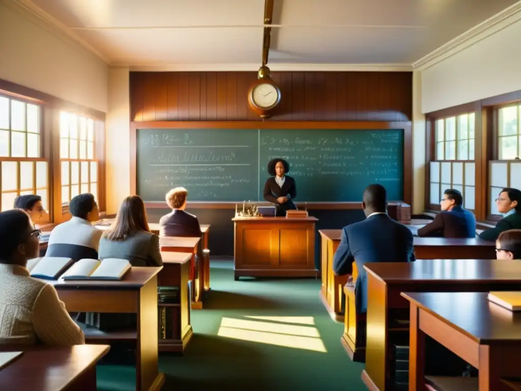 Un salón de clase vintage con una pizarra llena de ecuaciones cuánticas, donde estudiantes escuchan a un profesor apasionado explicar principios de computación cuántica