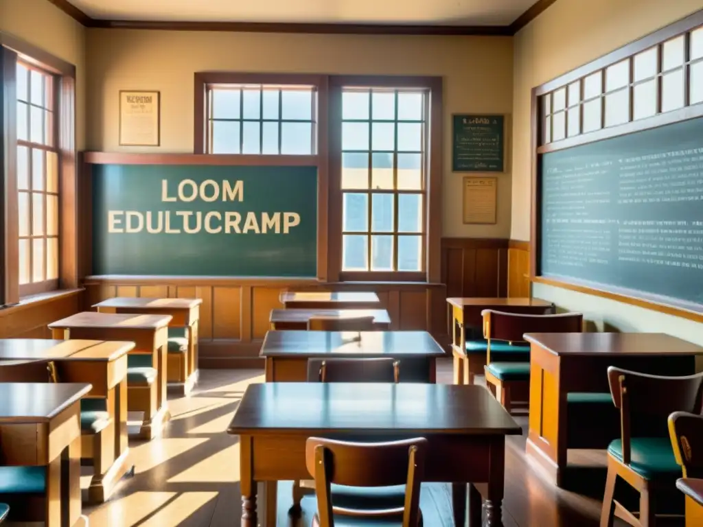 Salón de clases tradicional con escritorios de madera, pizarrón y carteles educativos vintage en las paredes