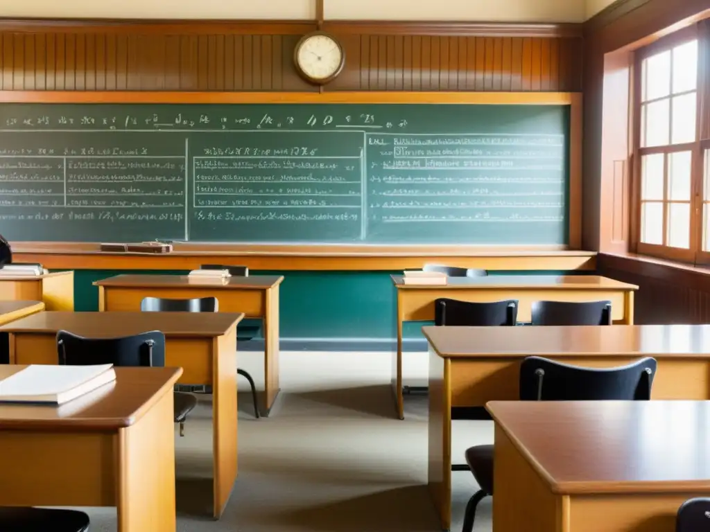 Salón de clases vintage con estudiantes diversos debatiendo, rodeados de libros y herramientas educativas antiguas