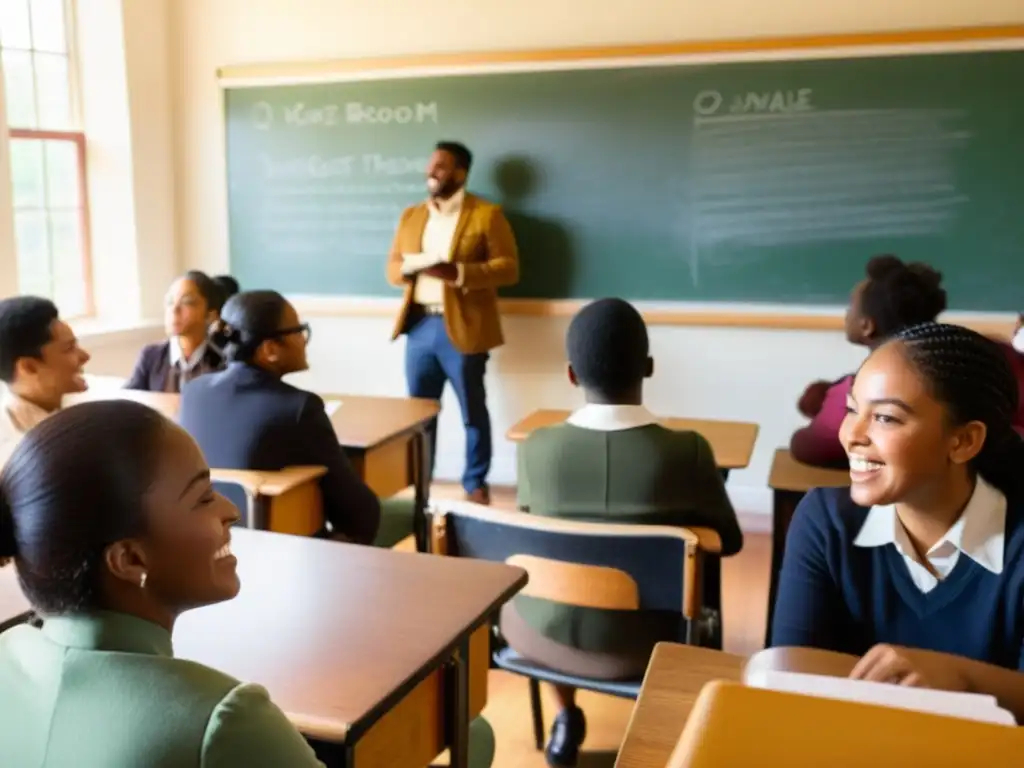 Salón de clases vintage con estudiantes diversos inmersos en discusión animada