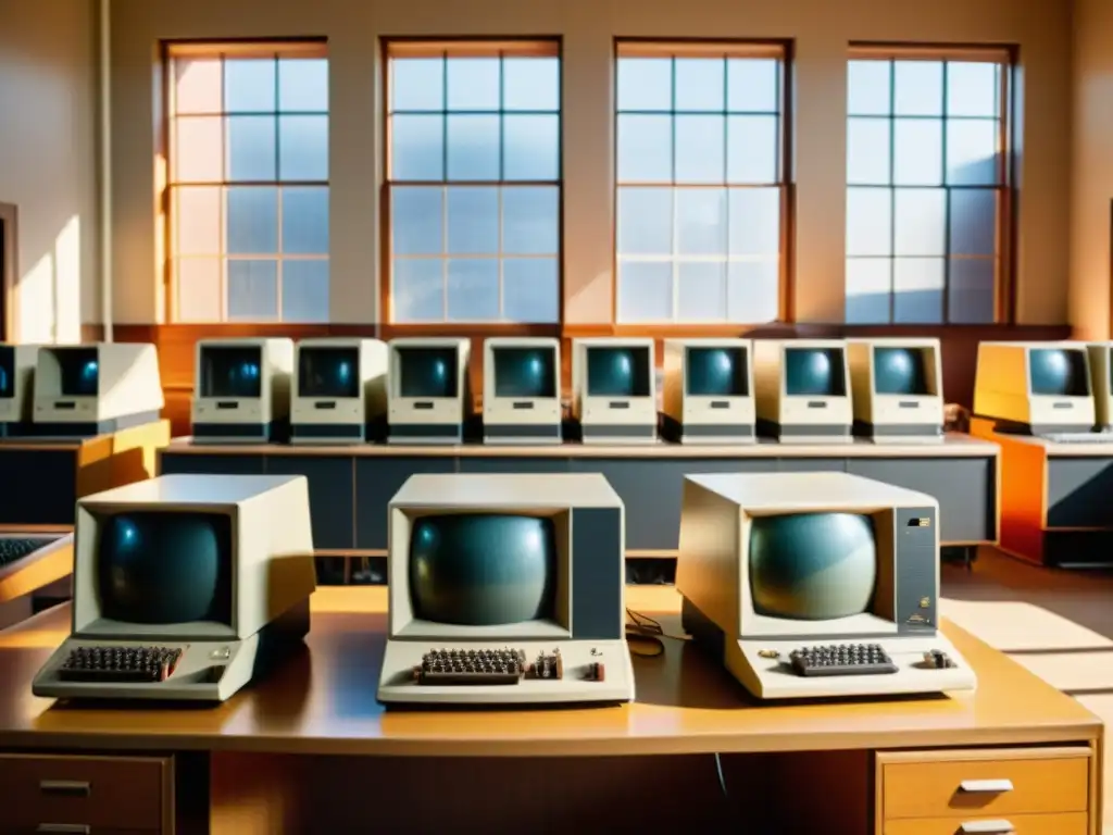 Lab de computadoras vintage con interfaces retro Salón de computación vintage con diversas interfaces y mobiliario antiguo