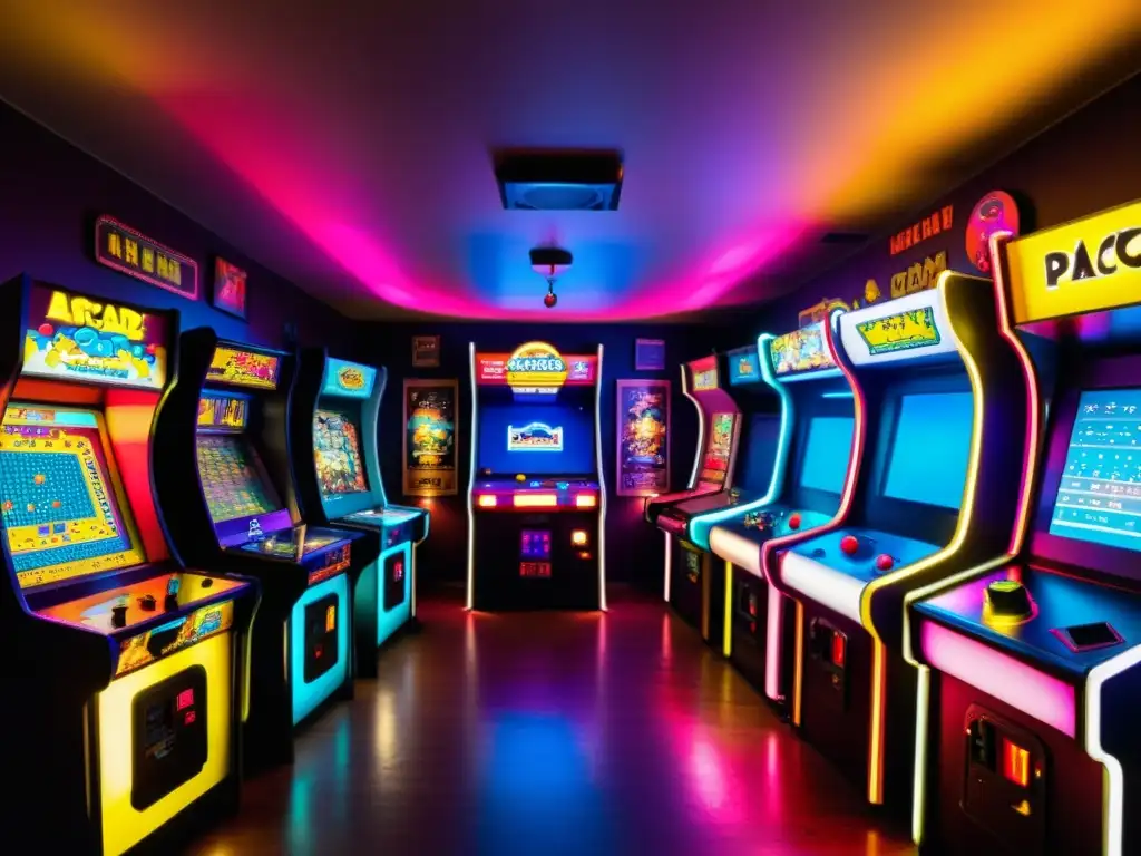 Un salón de juegos vintage con luces de neón, personas de todas las edades jugando clásicos como PacMan, Space Invaders y Donkey Kong