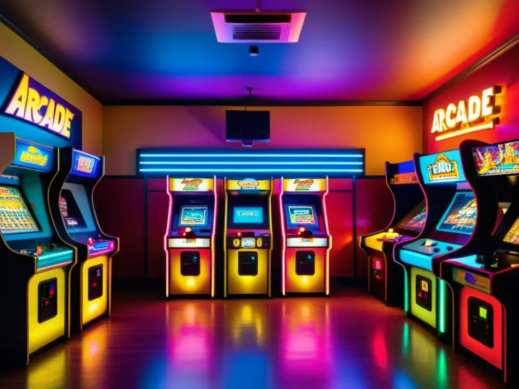 Salón de juegos retro con máquinas clásicas y luces de neón, evocando la nostalgia y la evolución tecnología entretenimiento digital