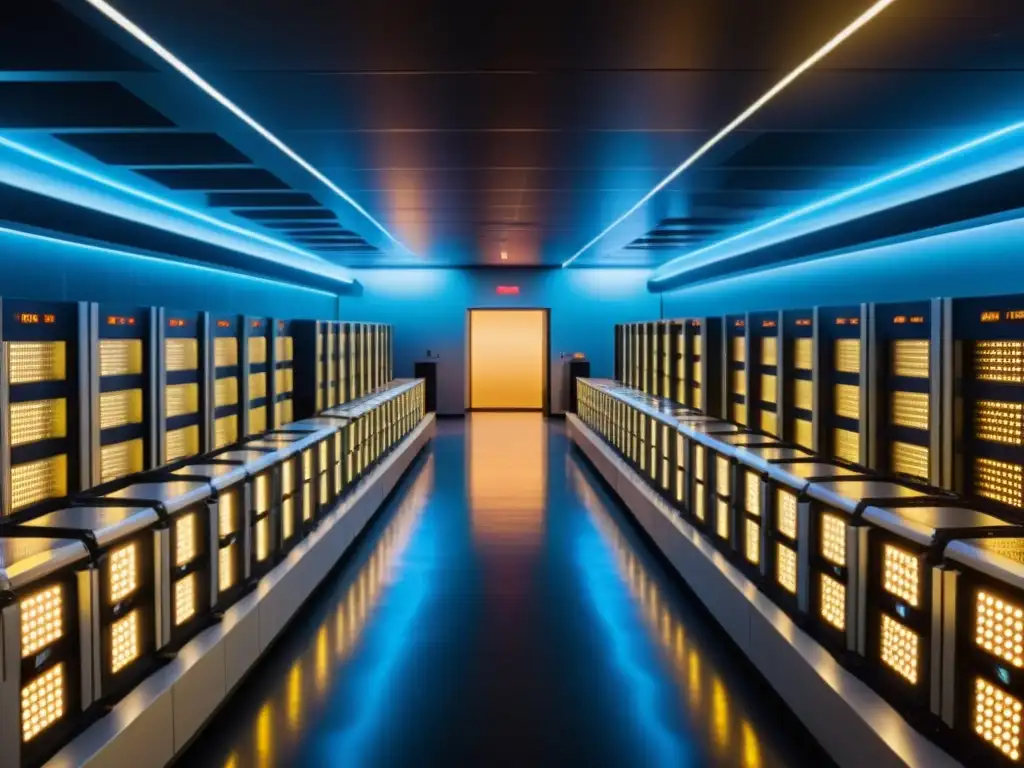 Un salón vintage de supercomputadoras de mil petaflops, con luces parpadeantes y técnicos monitoreando la tecnología retrofuturista