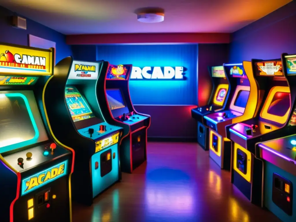 Salón de juegos vintage iluminado por las pantallas de máquinas arcade clásicas de los 80 y 90