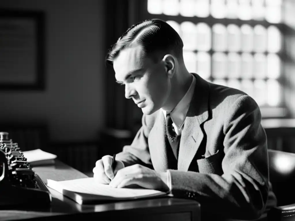 Alan Turing trabaja en Bletchley Park durante la Segunda Guerra Mundial, rodeado de documentos y materiales criptográficos