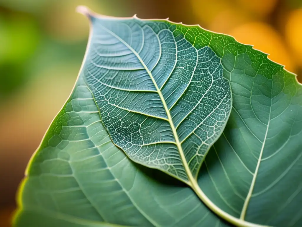 Un sensor biodegradable para monitoreo salud se encuentra unido a una hoja, mostrando detalles intrincados y una textura natural